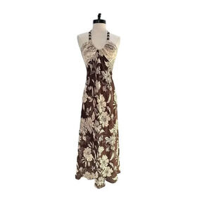 Donna Rico Brown 100% silk Halter Floral Maxi Dress beaded Size 2
